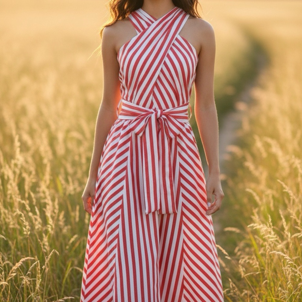 NWT Ann Taylor Red and White Striped Criss Cross Halter Dress‎ -- 6
